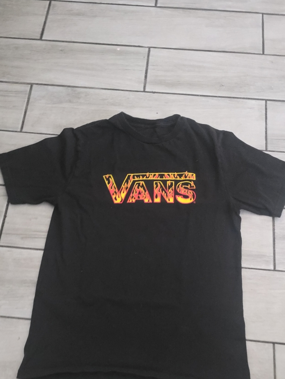 Vans Black Tee with Yellow-Orange Flame Logo
